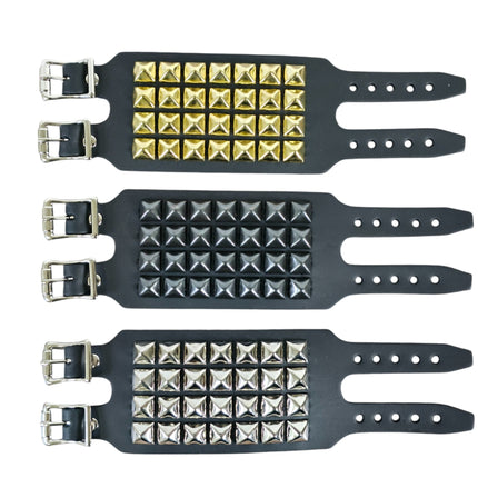 BC412  4 ROW PYRAMID STUDDED DOUBLE BUCKE CUFF BRACELET