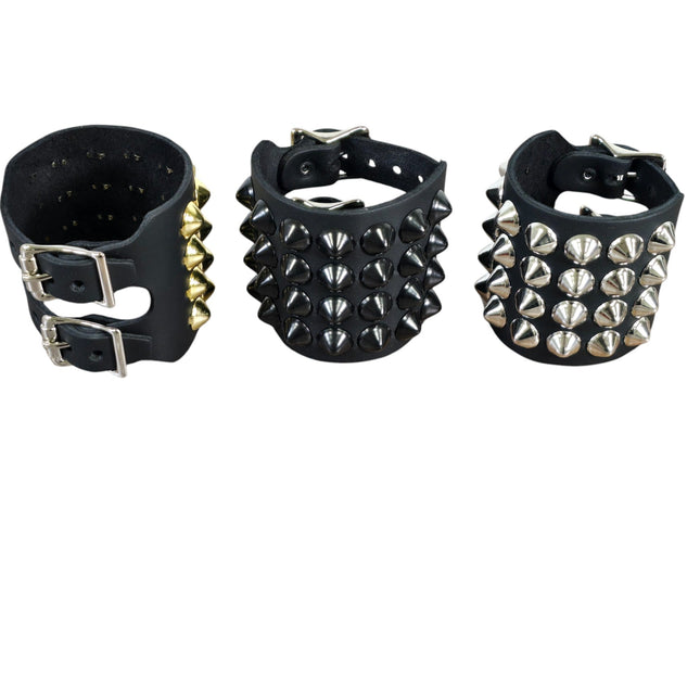 BC413 4 ROW 1/2" CONICAL   STUDDED DOUBLE BUCKE CUFF BRACELET