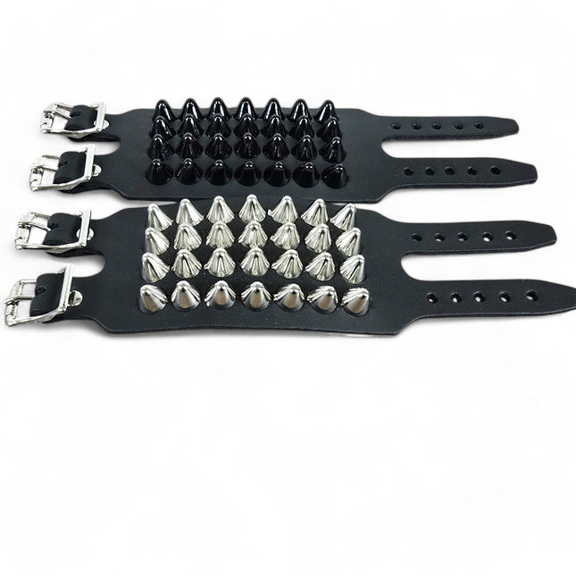 BC415  4 ROW UK77  STUDDED DOUBLE BUCKE CUFF BRACELET