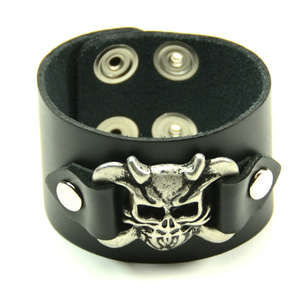 BC486DEV METAL DEVIL LEATHER BRACELET, 1 3/4" WIDE