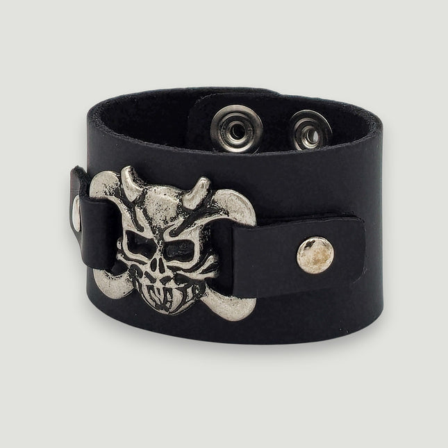 BC486PMD SKULL OR DEVIL SILVER STUDDED CUFF BRACELET