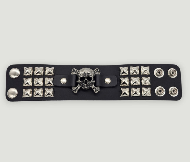 BC486PMD SKULL OR DEVIL SILVER STUDDED CUFF BRACELET