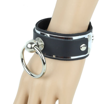 BC805MET LARGE RING HOLDER STRAPPED METAL PLATE LEATHER BRACELET