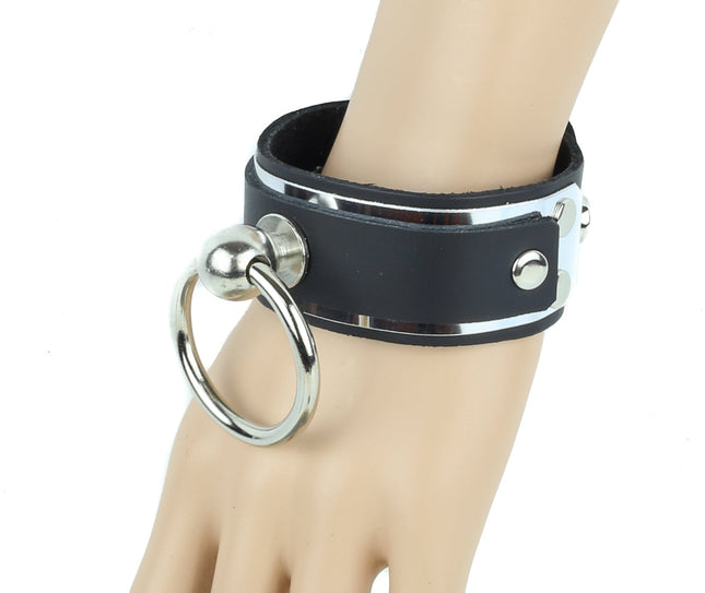 BC805MET LARGE RING HOLDER STRAPPED METAL PLATE LEATHER BRACELET