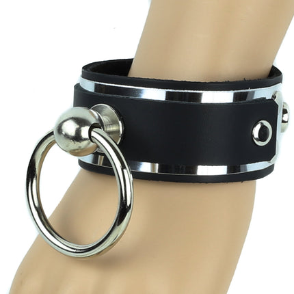 BC805MET LARGE RING HOLDER STRAPPED METAL PLATE LEATHER BRACELET