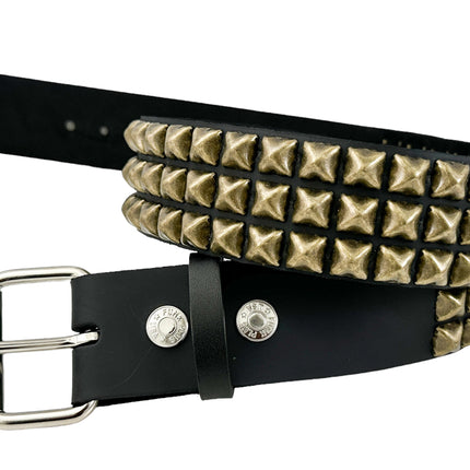 BT104-ABRS ANTIQUE BRASS 3 ROW PYRAMID STUDDED BELT USA LEATHER