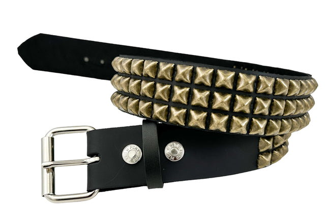 BT104-ABRS ANTIQUE BRASS 3 ROW PYRAMID STUDDED BELT USA LEATHER