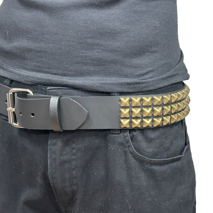 BT104-ABRS ANTIQUE BRASS 3 ROW PYRAMID STUDDED BELT USA LEATHER