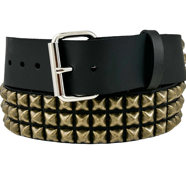 BT104-ABRS ANTIQUE BRASS 3 ROW PYRAMID STUDDED BELT USA LEATHER