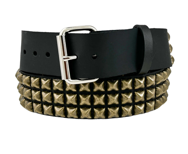 BT104-ABRS ANTIQUE BRASS 3 ROW PYRAMID STUDDED BELT USA LEATHER
