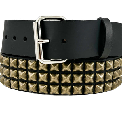 BT104-ABRS ANTIQUE BRASS 3 ROW PYRAMID STUDDED BELT USA LEATHER