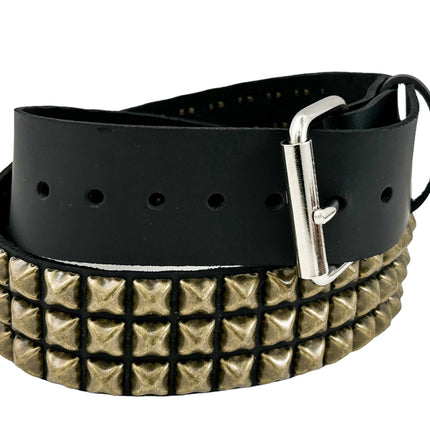 BT104-ABRS ANTIQUE BRASS 3 ROW PYRAMID STUDDED BELT USA LEATHER