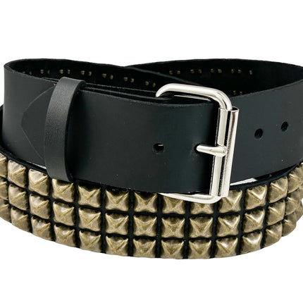 BT104-ABRS ANTIQUE BRASS 3 ROW PYRAMID STUDDED BELT USA LEATHER