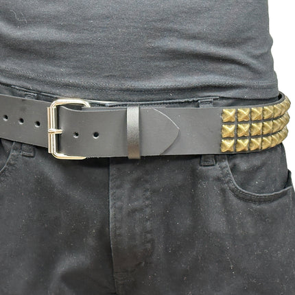 BT104-ABRS ANTIQUE BRASS 3 ROW PYRAMID STUDDED BELT USA LEATHER