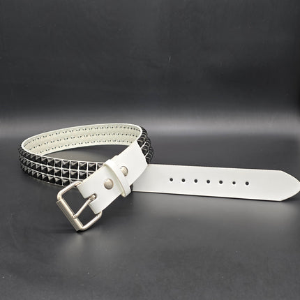 BT104WT-BS  GENUINE WHITE LEATHER 3 ROW GUNMETAL  PYRAMID STUDDED  BELT