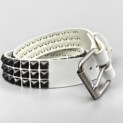 BT104WT-BS  GENUINE WHITE LEATHER 3 ROW GUNMETAL  PYRAMID STUDDED  BELT