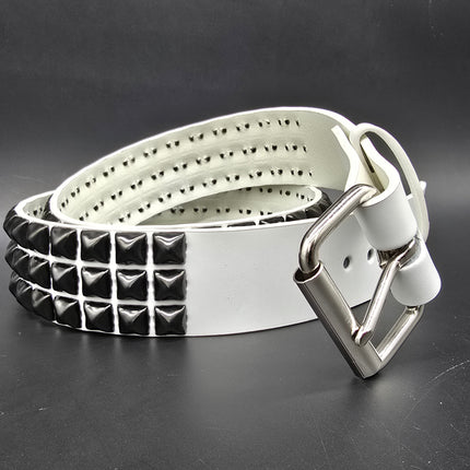 BT104WT-BS  GENUINE WHITE LEATHER 3 ROW GUNMETAL  PYRAMID STUDDED  BELT