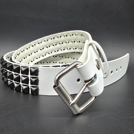 BT104WT-BS  GENUINE WHITE LEATHER 3 ROW GUNMETAL  PYRAMID STUDDED  BELT