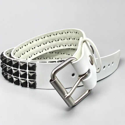 BT104WT-BS  GENUINE WHITE LEATHER 3 ROW GUNMETAL  PYRAMID STUDDED  BELT