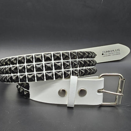 BT104WT-BS  GENUINE WHITE LEATHER 3 ROW GUNMETAL  PYRAMID STUDDED  BELT