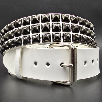 BT104WT-BS  GENUINE WHITE LEATHER 3 ROW GUNMETAL  PYRAMID STUDDED  BELT