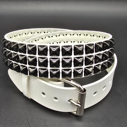 BT104WT-BS  GENUINE WHITE LEATHER 3 ROW GUNMETAL  PYRAMID STUDDED  BELT