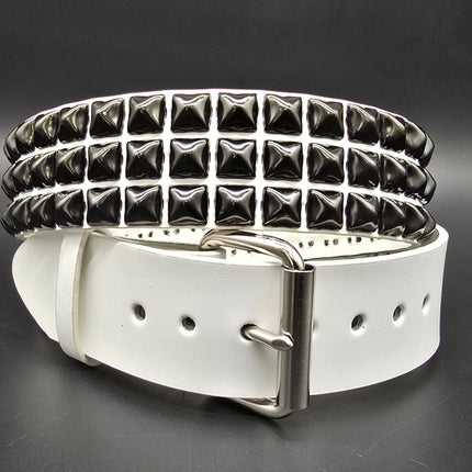 BT104WT-BS  GENUINE WHITE LEATHER 3 ROW GUNMETAL  PYRAMID STUDDED  BELT