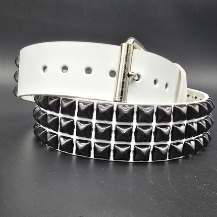 BT104WT-BS  GENUINE WHITE LEATHER 3 ROW GUNMETAL  PYRAMID STUDDED  BELT