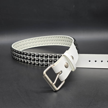 BT104WT-BS  GENUINE WHITE LEATHER 3 ROW GUNMETAL  PYRAMID STUDDED  BELT