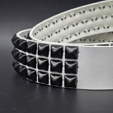 BT104WT-BS  GENUINE WHITE LEATHER 3 ROW GUNMETAL  PYRAMID STUDDED  BELT