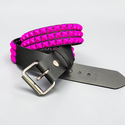 BT104-PS 3 ROW PINK PYRAMID STUDDED BELT, 1 3/4" WIDE