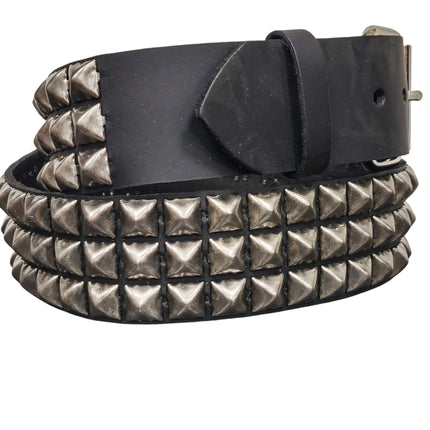 BT104ANT-SIL  ANTIQUE SILVER STUDDED THREE ROW GENUINE LEATHER BELT