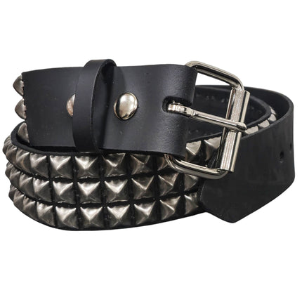 BT104ANT-SIL  ANTIQUE SILVER STUDDED THREE ROW GENUINE LEATHER BELT