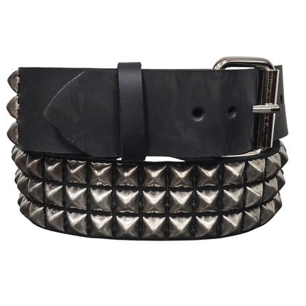 BT104ANT-SIL  ANTIQUE SILVER STUDDED THREE ROW GENUINE LEATHER BELT
