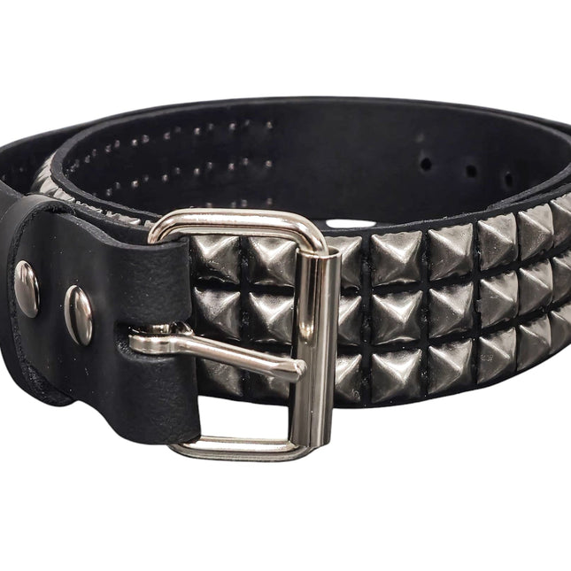 BT104ANT-SIL  ANTIQUE SILVER STUDDED THREE ROW GENUINE LEATHER BELT