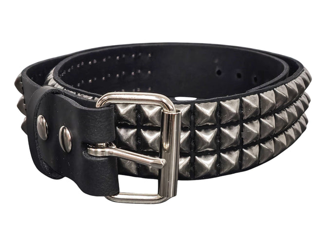 BT104ANT-SIL  ANTIQUE SILVER STUDDED THREE ROW GENUINE LEATHER BELT