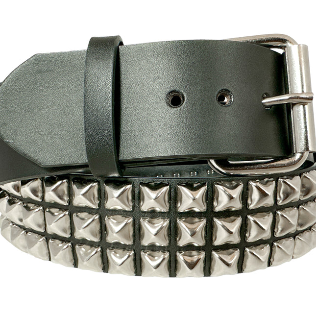 BT104  3 ROW PYRAMID STUD BELT -SNAP OFF ROLLER BUCKLE