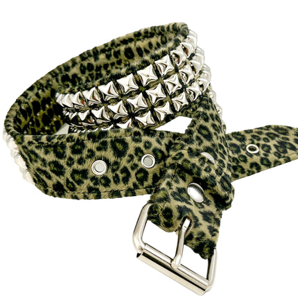 BT104L-GREEN FUZZY LEOPARD STUDDED BELT