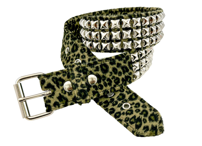 BT104L-GREEN FUZZY LEOPARD STUDDED BELT