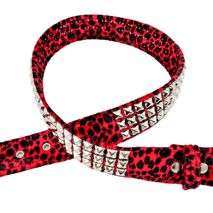 BT104L-RED  FUZZY LEOPARD STUDDED BELT
