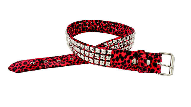 BT104L-RED  FUZZY LEOPARD STUDDED BELT