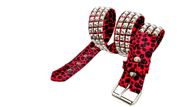 BT104L-RED  FUZZY LEOPARD STUDDED BELT