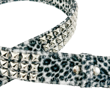 BT104L-WHITE  LEOPARD 3 ROW PYRAMID STUDDED  BELT