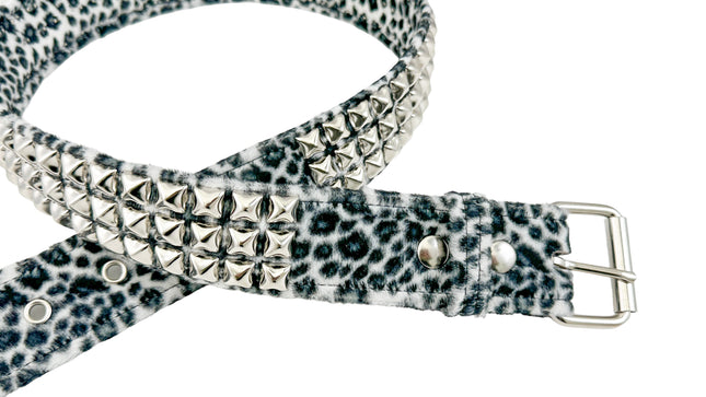 BT104L-WHITE  LEOPARD 3 ROW PYRAMID STUDDED  BELT