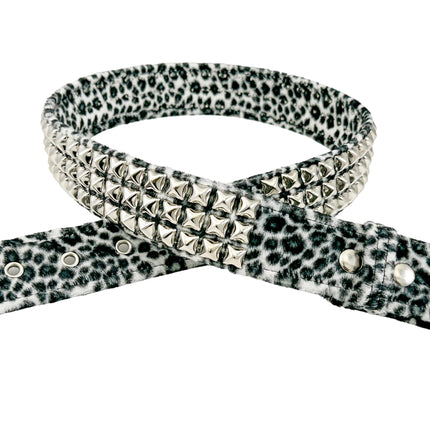 BT104L-WHITE  LEOPARD 3 ROW PYRAMID STUDDED  BELT