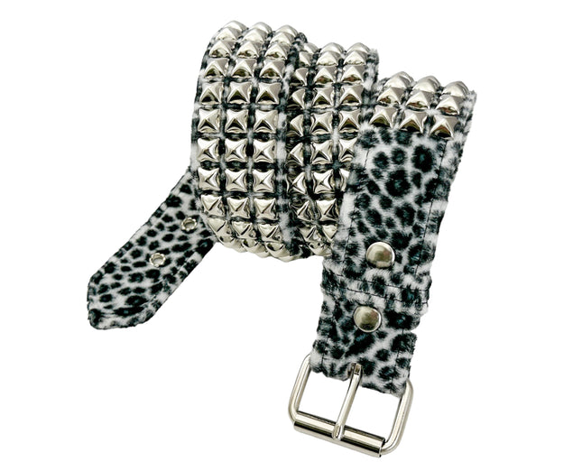 BT104L-WHITE  LEOPARD 3 ROW PYRAMID STUDDED  BELT