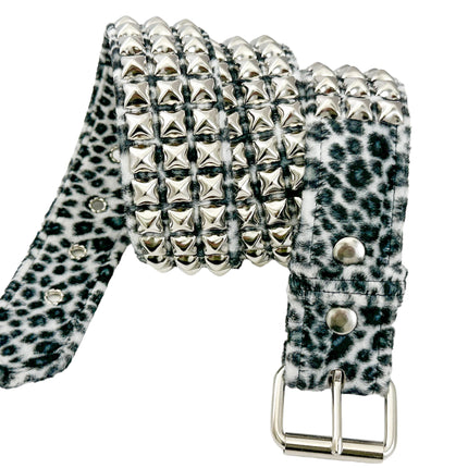BT104L-WHITE  LEOPARD 3 ROW PYRAMID STUDDED  BELT