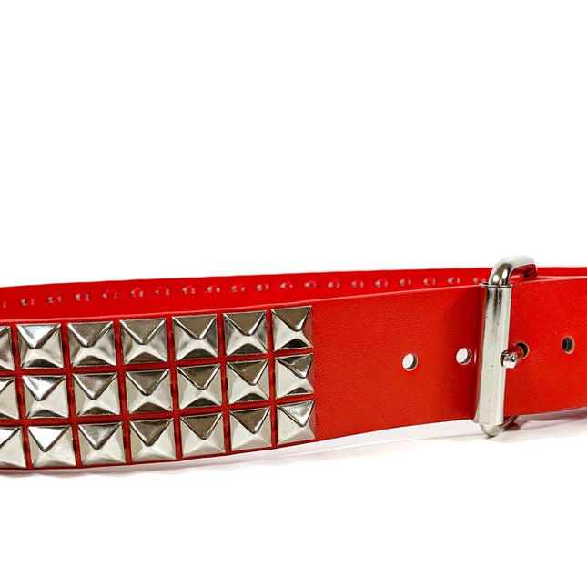 BT104M-RED MATTE 3 ROW 1/2" PYRAMID STUD VEGAN LEATHER BELT
