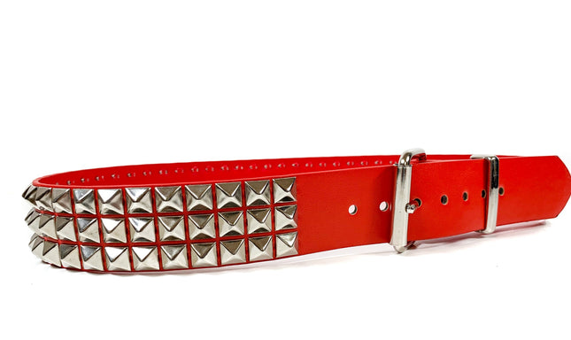 BT104M-RED MATTE 3 ROW 1/2" PYRAMID STUD VEGAN LEATHER BELT