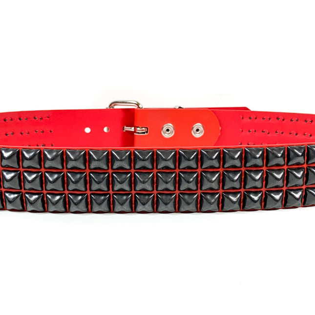 BT104M-RED-BS RED MATTE 3 ROW 1/2" PYRAMID BLACK STUD VEGAN LEATHER BELT